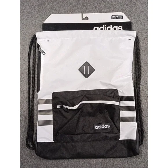 Adidas "Sack Pack" White Black - 18 X 14  Media Safe Lined Pocket New - Picture 9 of 9
